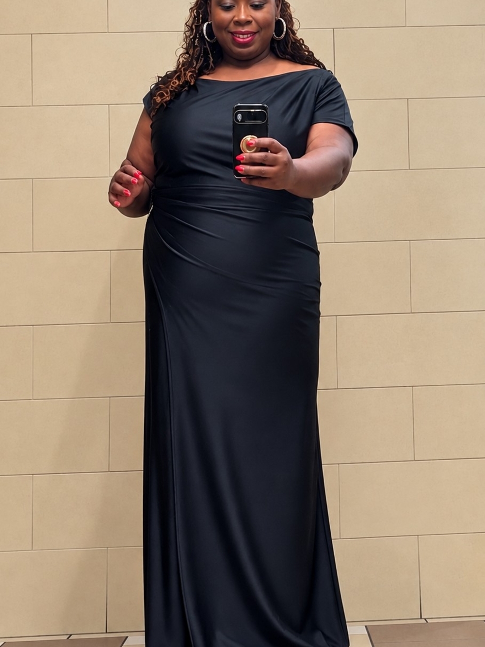 R&M Richards Black Cowl Neck Ruched Maxi Formal Gown 14W